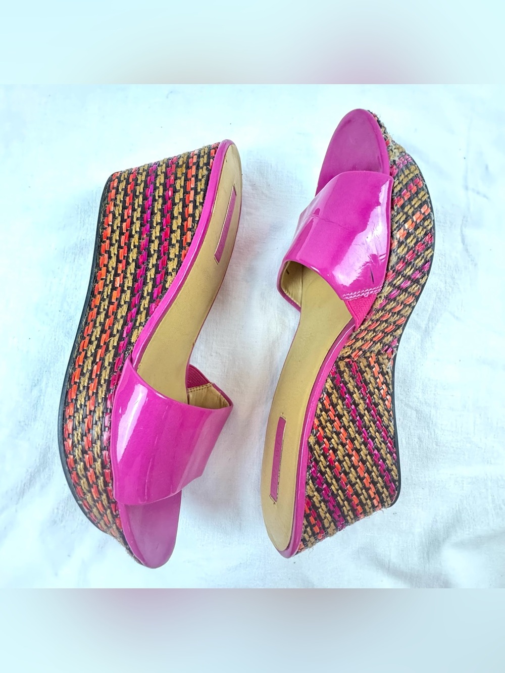 Nine West Arielo Hot Pink Woven Platform Wedge Slides